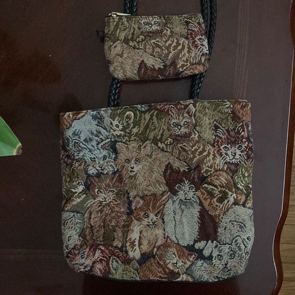 Vintage Handbags - Vintage Cat Tapestry Shoulder Bag With Mini Coin Purse